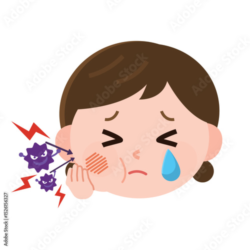 虫歯になって頬が腫れて泣く女の子と虫歯菌　頭のみ　イラスト