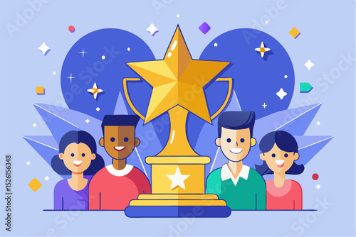 A flat vector illustration of five business people holding large golden stars, symbolizing teamwork, customer satisfaction, five-star ratings, and positive reviews. 