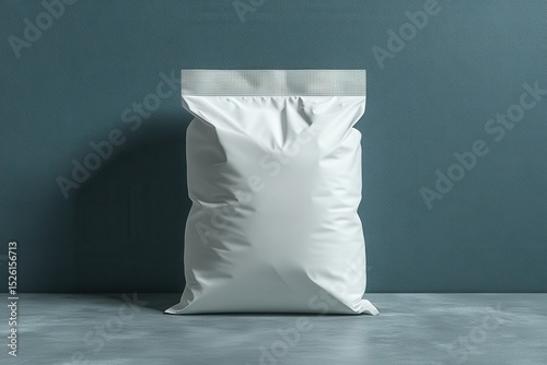 A white bag sits on concrete with a blue wall backdrop. It is ideal for mockups to show food or product packaging.