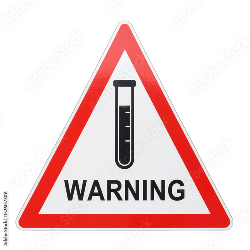 A triangular warning sign featuring a test tube icon and the word 