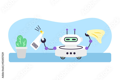 Cute robot cleaner waters flowers and wipes dust. Artificial intelligence robot assistant. Cleaning and smart home concept. Isolated vector illustration.
