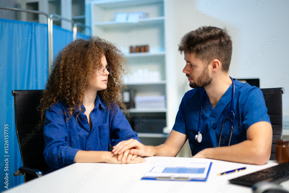 Obraz premium A compassionate doctor comforts a stressed female patient during a sensitive consultation. Concept of empathy, support