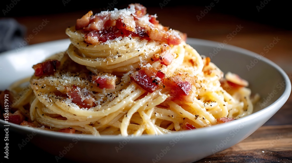 Fototapeta premium Spaghetti Carbonara with Crispy Bacon and Parmesan Cheese