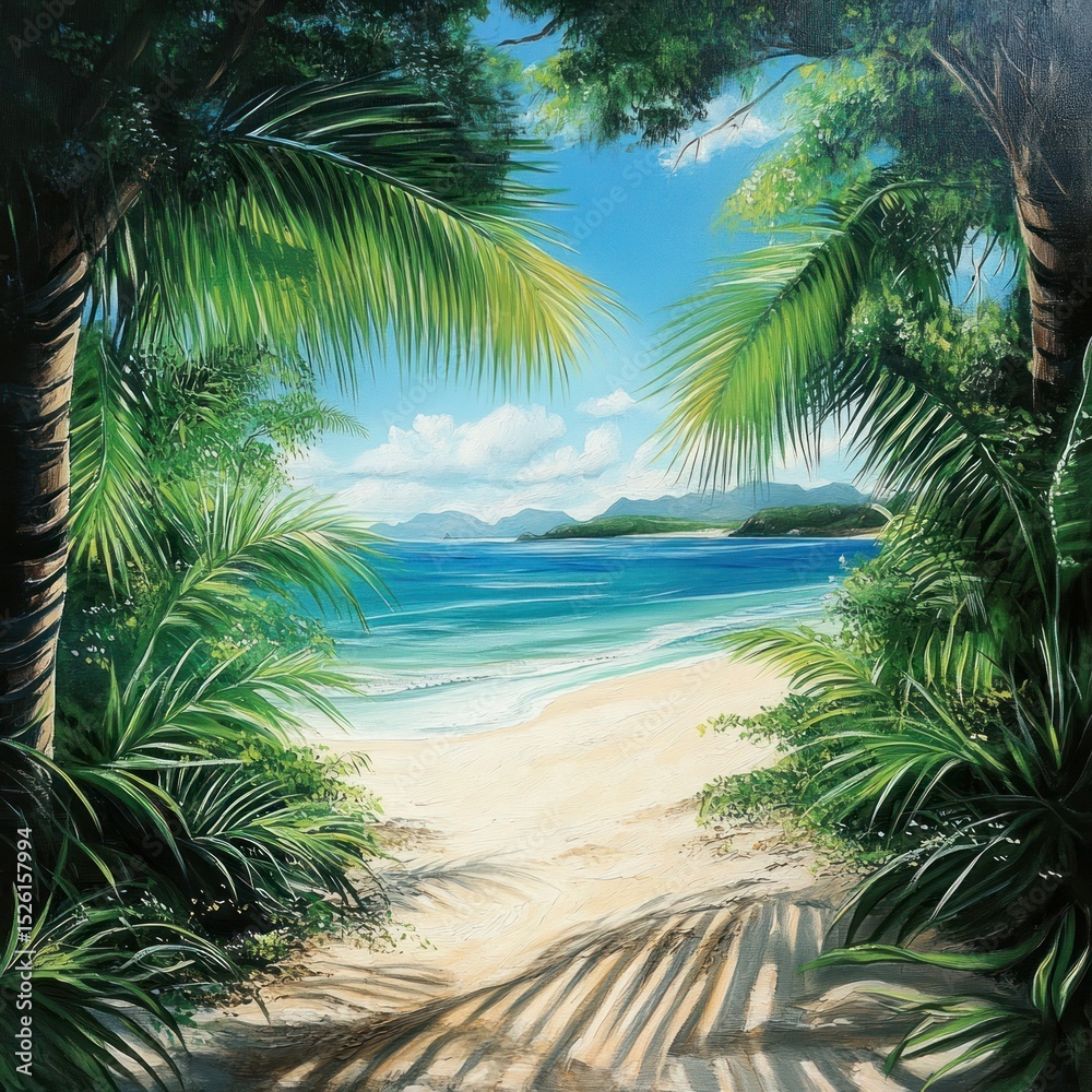 Fototapeta premium A serene beach scene with palm trees, a sandy path, and a clear blue sky.