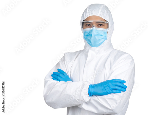 Person wearing full protective gear including a white hazmat suit, blue gloves, face mask, and safety goggles with arms crossed.