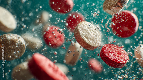 Effervescent tablets dissolve in water, creating bubbles and fizz in a vibrant underwater scene.