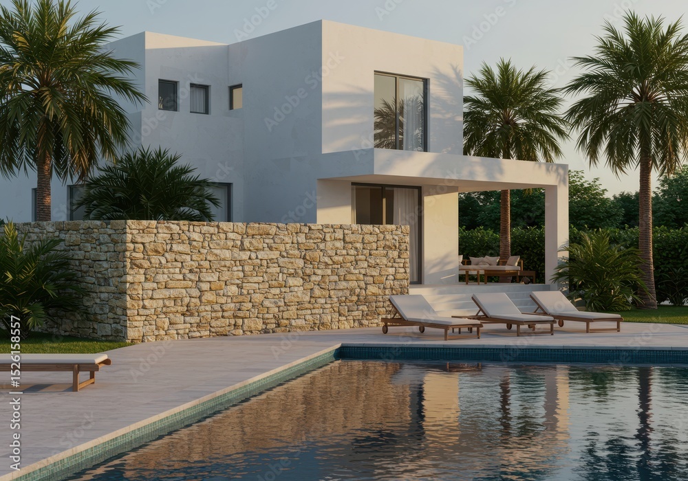 Fototapeta premium Modern villa with swimming pool, stone wall and palm trees in a tropical setting