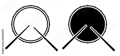 Linear icon. Drum with drumsticks musical instrument. Percussion musical instrument. Simple black and white vector isolated on white background