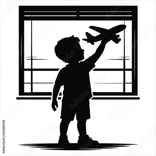 a child standing by a large airport window, holding a toy airplane up high with one hand