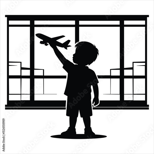 a child standing by a large airport window, holding a toy airplane up high with one hand