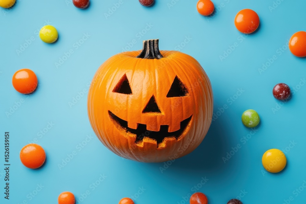 Fototapeta premium Smiling pumpkin surrounded by colorful candies on a blue background celebrating Halloween in a festive setting