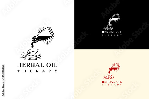 vector illustration of oil bottle pouring into a leaf shaped puddle, logo for herbal cosmetics, herbal oil therapy, makeup, vegan cosmetics, beauty products, organic, natural, and more