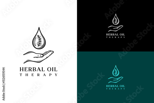 oil drop with herbal plant inside falling in hand illustration, vector logo for natural, herbal cosmetics, health and wellness, organic, vegan cosmetics, makeup, herbal oil therapy, and more