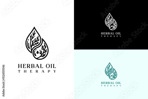two oil drops forming a yin yang shape illustration, vector logo for health and wellness, natural oil, organic, beauty products, herbal cosmetics, vegan, skincare, herbal oil therapy, and more
