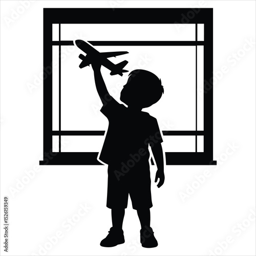a child standing by a large airport window, holding a toy airplane up high with one hand