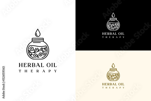 vector illustration of massage oil jar with floral with drop above, logo for essential oil, natural, organic, herbal cosmetics, vegan, beauty brand, skincare, wellness, herbal oil therapy, and more