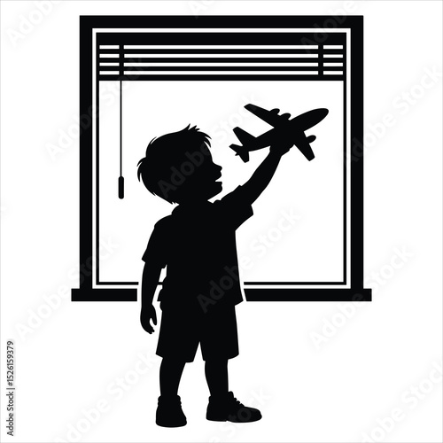 a child standing by a large airport window, holding a toy airplane up high with one hand
