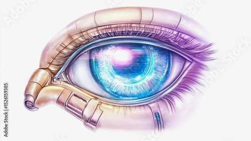 A futuristic robotic eye with intricate metallic details and a glowing blue iris, symbolizing artificial intelligence and advanced technology.