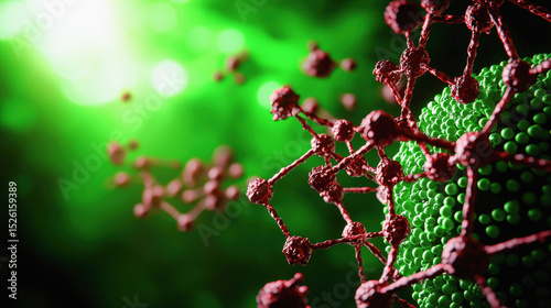 Abstract representation of molecules, atoms, and nanotechnology with a vibrant green background.