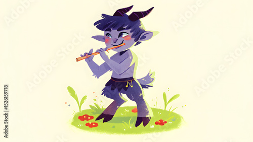Playful chibi satyr mockup playing flute on grassy meadow with flowers, cheerful mythical forest creature character in whimsical fantasy illustration