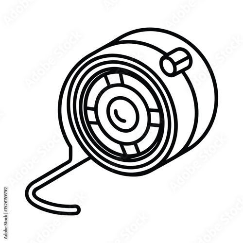 Detailed line art illustration of a modern camera lens element and mounting hook design