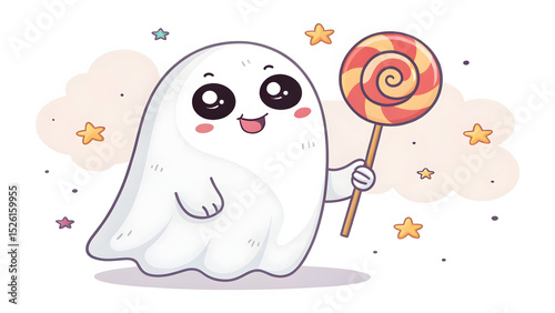 Cute smiling chibi ghost holding colorful swirl lollipop with stars and pastel clouds, playful cartoon mockup perfect for Halloween or kids' themed designs