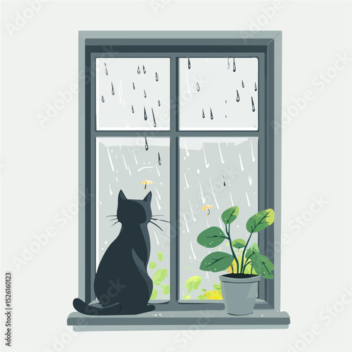 Cat Watches Rain Window 2D flat vector illustration, isolated on a white background.