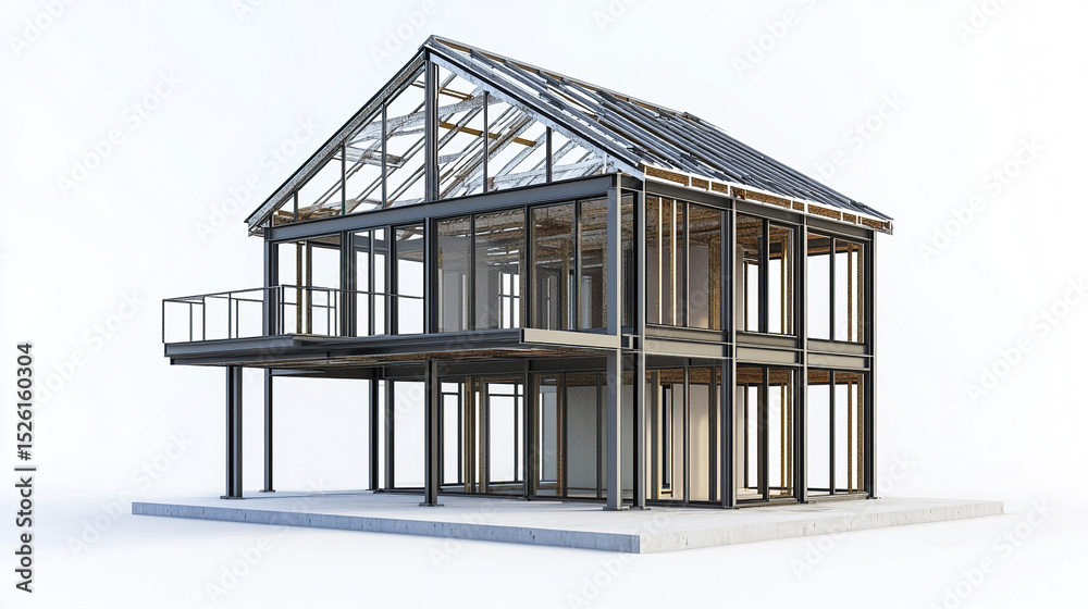 Obraz premium modern steel frame house showcasing lightweight metal framework and large glass windows