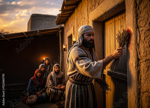 Passover in Egypt – Hebrew Man Painting Lamb’s Blood on Doorpost at Twilight, Sacred Act of Protection During the Tenth Plague from the Exodus