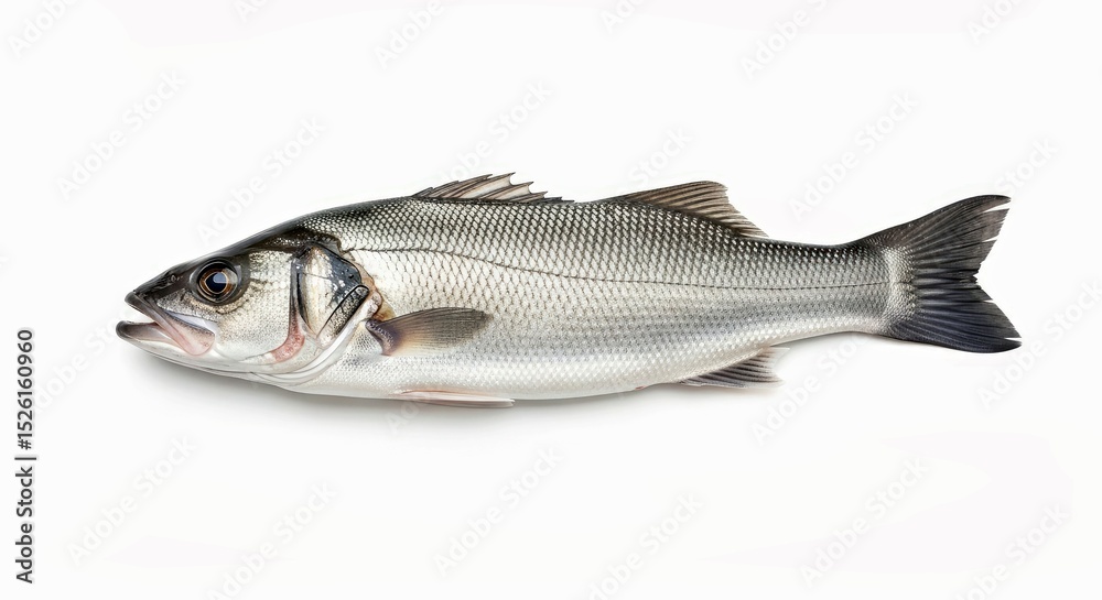 Fototapeta premium Single Fresh Sea Bass Fish Isolated on a Clean White Background Raw Seafood