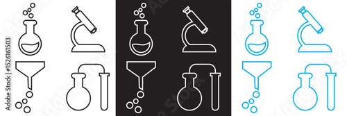 Laboratory  icon set. Vector of flask, microscope, chemical experiment, test tube, lab technician, mouse, molecule, etc. Vector illustration. isolated on white and black background. EPS 10