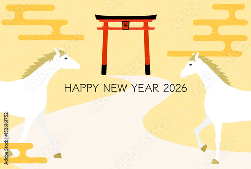 2026年午年年賀状、初詣で神社の鳥居に向かう馬、年賀はがき素材