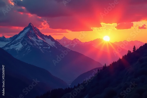 Fiery sunset paints the mountain peaks, casting long shadows , clouds, horizon, orange