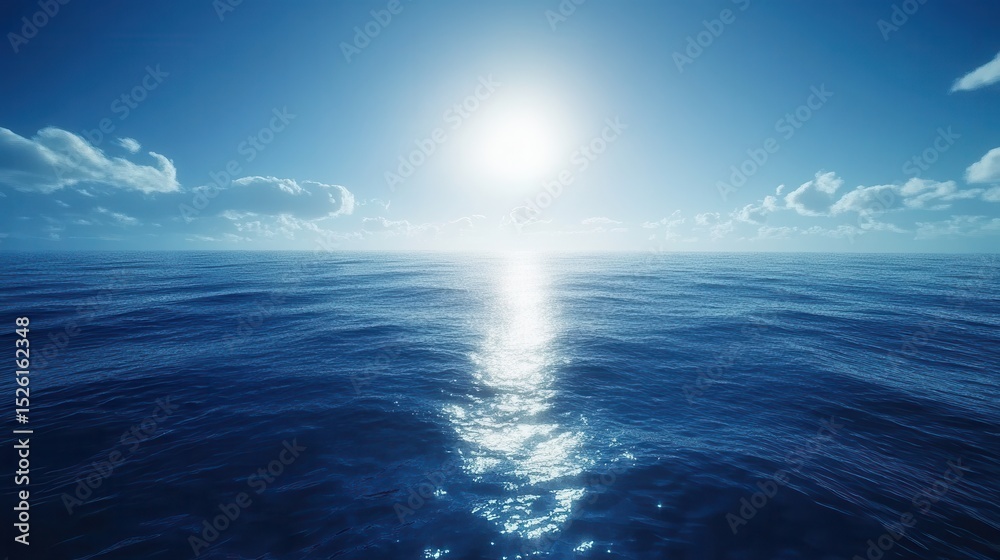 Obraz premium Blue ocean reflects sunlight under a cloudy sky. Ideal for travel, meditation, or spiritual projects.
