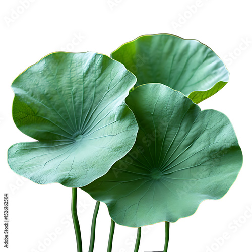 A close-up image showcases three expansive, vibrant green lotus leaves against a black backdrop.