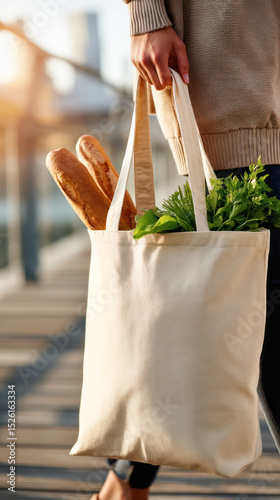 International Plastic Bag Free Day. Eco-friendly tote bag filled with fresh groceries and bread, promoting sustainable shopping habits on International Plastic Bag Free Day