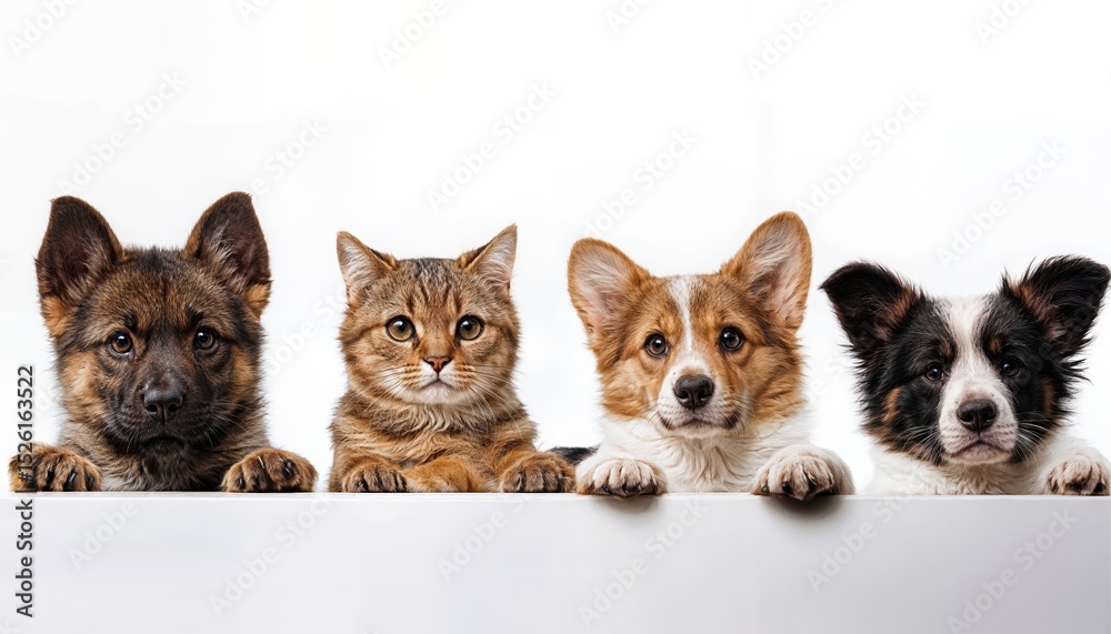 Adorable Quartet of Pets Playfully Peeking Over a Crisp White Barrier in a Cozy Living Room Setting, Filled with Warm Tones and Soft Textures for a Heartwarming Scene Adorable Quartet of Pets Playfully Peeking Over a Crisp White Barrier in a Cozy Living Room Setting, Filled with Warm Tones and Soft Textures for a Heartwarming Scene