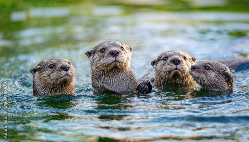 Fototapeta premium Playful Otter Quartet Waving in CrystalClear Waterway at Twilight Joyful and Engaging Moment Captured in Stunning Gigapixel Detail