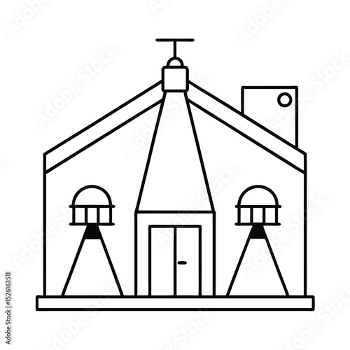 Minimalist vector line art illustration of a building with windows doors and a simple chimney