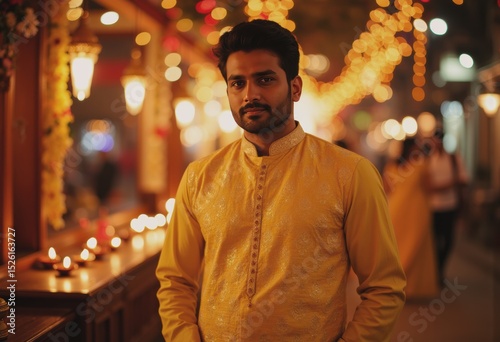 A man in a traditional yellow kurta celebrating Diwali festivities