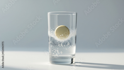 A precisely rounded yellow effervescent tablet of medicine slowly dissolving and creating a mesmerizing dance of fizzy bubbles in the crystal-clear water of glass isolated on white background