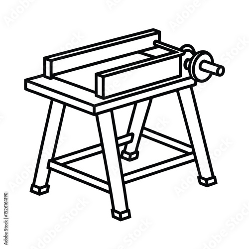 Simple black and white illustration of a woodworking table and planer for crafting