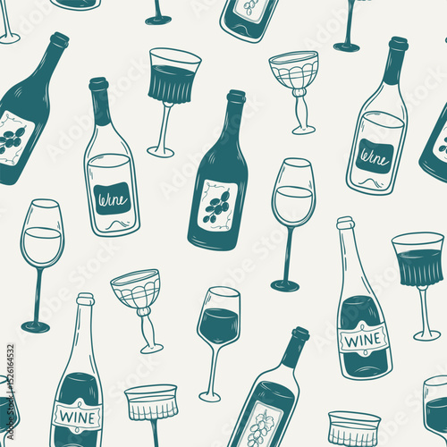 Hand drawn doodle seamless pattern with bottles and glasses of wine. Linear background with alcoholic drink in sketch style. Minimal vintage design for poster, print, menu, packaging, wrapping paper