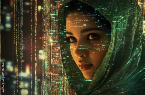 A futuristic cinematic poster featuring a young Indian Asian female