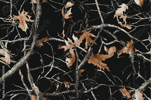 A camouflage pattern featuring tree branches and leaves, with the main color being green, brown, white, or grey.A seamless camouflage pattern inspired by forest terrain, ideal for hunting and military