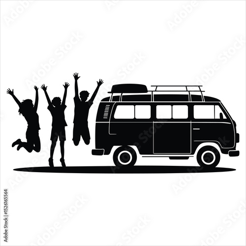a classic camper van or vintage minibus with roof rack, beside the van, three or more young people are jumping joyfully with arms raised 