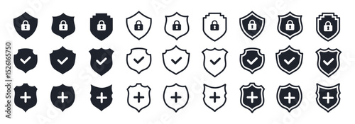 Security Shield icon. Lock security icon, Set of security shield icons, securityshields symbols with check mark, plus and padlock, Shield security icon, Safety, protection line sign. Heraldic Vector 