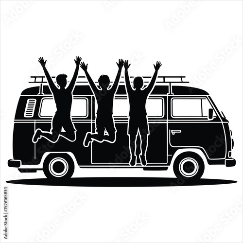 a classic camper van or vintage minibus with roof rack, beside the van, three or more young people are jumping joyfully with arms raised 
