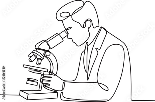 Continuous one line drawing of a scientist using a microscope in a laboratory, minimal outline vector illustration of medical research scene

