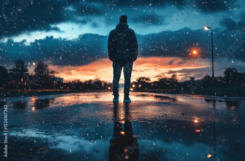 A man standing alone in the rain during monsoon season, wearing a light jacket